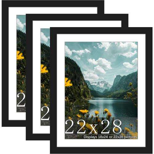 Picrit 22x28 Frame 3 Pack, Black Poster Frame, Display Poster 18 x 24 with Mat or 22 x 28 without Mat for Horizontal or Vertical Wall Mounting