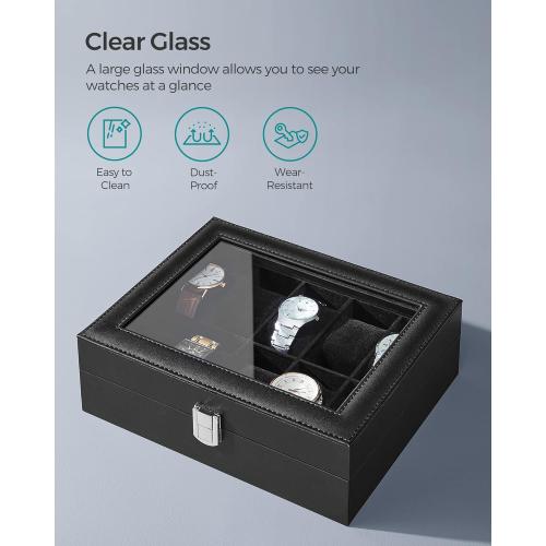 SONGMICS Watch Box, 10-Slot Watch Case Organizer with Large Glass Lid, Removable Pillows, Christmas Gift, Black Synthetic Leather, Black Lining UJWB010B02