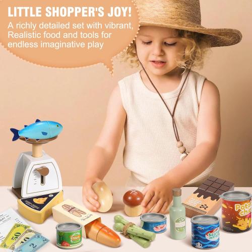 Pithfor Wooden Play Food Set for Kids Toddlers, Grocery Store Pretend Play Food, Pretend Grocery Shopping & Play Kitchen Accessories for Boys Girls