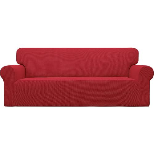 Easy-Going Stretch Oversized Sofa Slipcover 1-Piece Sofa Cover Furniture Protector Couch Soft with Elastic Bottom for Kids, Polyester Spandex Jacquard Fabric Small Checks Christmas Red