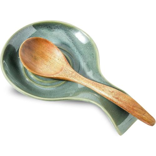 Spoon Rest for Kitchen, Ceramic Spoon Holder for Kitchen Counter, Cooking Spoon Holder, Farmhouse Cooking Utensil Holder for Spoons, Ladles, Spatula, Teal Green