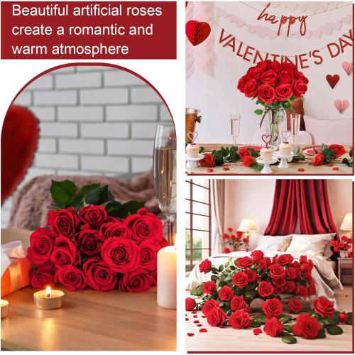 Red Roses Artificial Velvet Silk Flowers Fake Roses Bouquet with medium Stems for Valentines Gifts Wedding Centerpiece Bridal Anniversary DIY Floral Arrangment Home Decor, Red