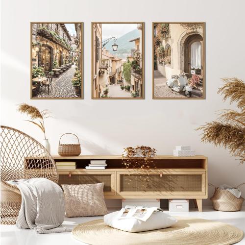 HPINUB Foreign Scenery Framed Canvas Wall Art Set,Vintage Travel City Wall Decor,Modern Minimalist Europe Street Picture Artwork Nature Landscape Art Print for Living Room,Bedroom-16 x24 x3