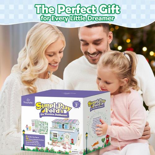 DIY Wooden Dollhouse with 3 Sticker Sheets – Create 2 Styles (White & Pink), Foldable Design with Portable Handle & Metal Lock, 4 Rooms, 16 pcs Furniture, 2 Dolls, Gift for Kids Ages 3