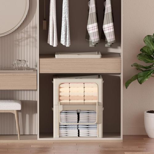 CYhom 3Pack Frame Storage Box - Clothes Storage Bin Bags Oxford Fabric Foldable Stackable Container Organizer Set with Clear Window & Carry Handles (Beige, Medium-44L)