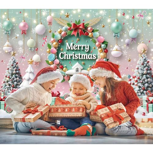 Merry Christmas Backdrop Cartoon Xmas Tree Garland Photography Background Xmas New Year  (8x6FT)