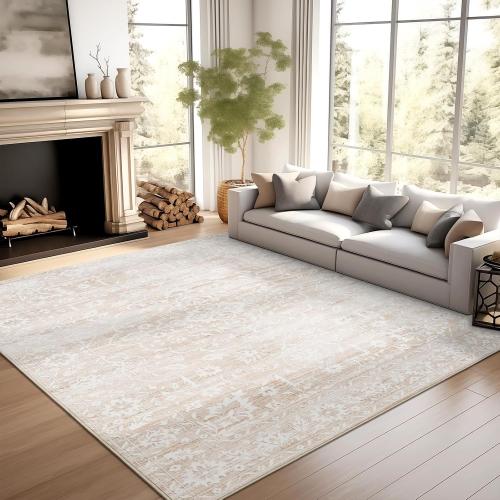 10x14 Area Rugs for Living Room Large Washable Rugs for Bedroom Floral Vintage Non-Slip Thin Area Rug Indoor Home Office Decor Beige