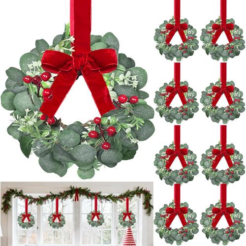 12 Pack 12 Inch Mini Christmas Wreath Small Christmas Kitchen Cabinet Wreaths with Red Bow Eucalyptus Leaves Flowering Boxwood Branches Red Berry Xmas Wreaths for Windows Door Wall Stairs Home Decor
