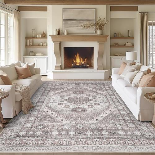 zesthome Size  8x10 Color White Area Rugs for Living Room,Non-Slip Backing Washable Rugs,Vintage Large Area Rug，Stain Resistant Home Decor Rug (Brown/Beige,8'x10')