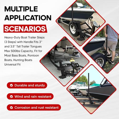 Heavy-Duty Boat Trailer Steps (3 Steps) with Handle Fits 3'' and 3.5'' Tall Trailer Tongues, Max 500lbs Capacity, Fit for Most Bass Boats, Pontoon Boats, Hunting Boats, Universal Fit