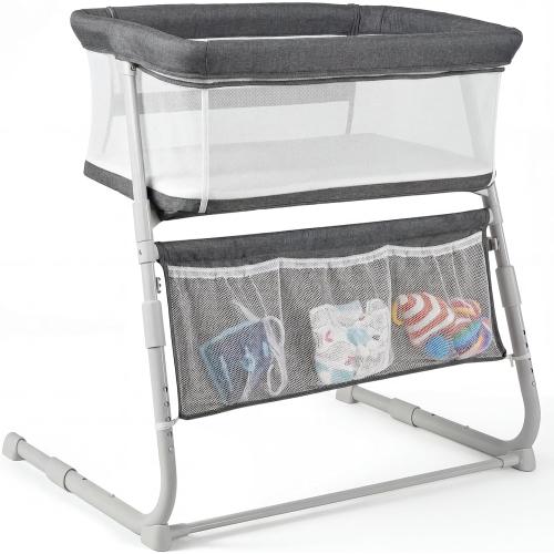 Cowiewie Bassinet Bedside Sleeper,Baby Bassinet Slides Over Bed,5-Height Adjustment & Breathable All-Mesh Wall Bedside Bassinet for Baby,Space-Saving Bedside Crib, Height(37.4-41.3), Dark Grey