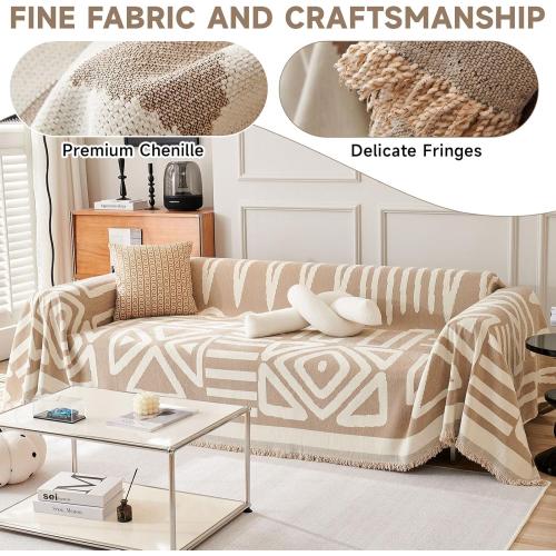 VClife Boho Couch Cover for 2 Cushion Couch Sofa Cover Thick Chenille Sectional Sofa Cover for Dog Modern Beige Khaki Cream White Plaid Triangle Sofa Slipcover Loveseat Cover Futon Covers 71''x118''