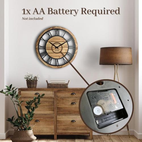 Montoire 24 Inch Wooden Farmhouse Wall Clock, Extra Large for Living Room Decor - Big Rustic Wood Large Round Wall Clock 24 Inches or Larger, Battery Operated with Decorative Roman Numerals