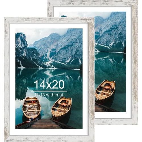 Hongkee 14x20 Picture Frame Set of 1, Distressed White Wood Style - Display 14 x 20 Picture without Mat or 12x18 Picture with Mat, Wall Mounting Horizontal and Vertical