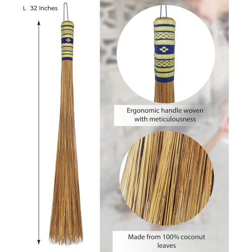 32 inch Multi-Surface Sturdy Outdoor Authentic Coconut Leaf Broom Asian Heavy Duty Broom Thai Natural Coconut Leaf Broom (Country Rustic) (1 Piece)