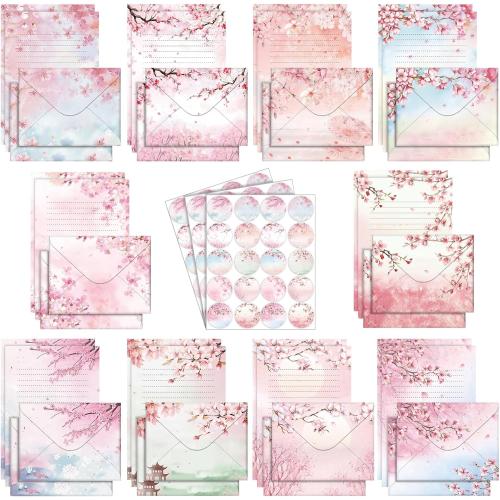 TaoBary 160 Pcs Stationery Paper Set 50 Double Sided Stationery Papers with 50 Matching Envelopes and 60 Round Dot Sticker, 10 Design(Cherry Blossom,5.5 x 8.25 Inch)