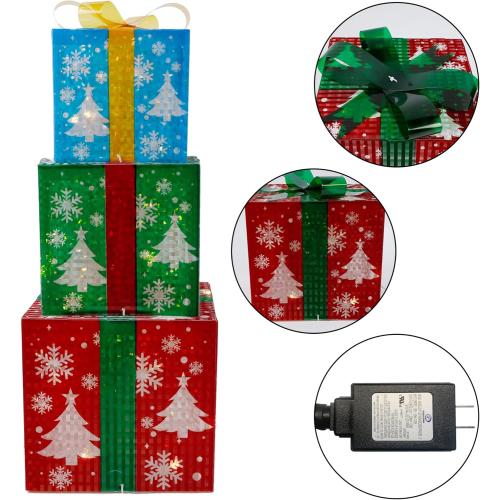 Set of 3 Christmas Lighted Gift Boxes Decorations, Light up Present Box with Snowflake, Perfect for Christmas Tree Home Indoor Outdoor Holiday Party Decor