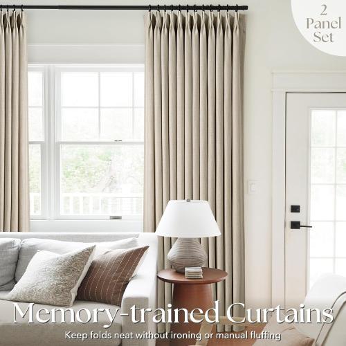 Taupe Linen Pinch Pleated Curtains 63 Inch Length 2 Panels for Living Room | Taupe, Modern, 63 Inch Long, Light Filtering, Privacy, Bedroom, Living Room, Burlap Textured, Memory Shape, Boho Modern