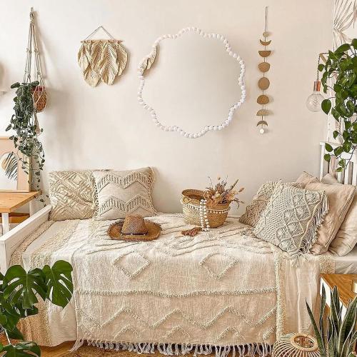 Small Boho Beaded Flower Mirror for Wall Decor, Cute Decorative Hanging Wooden Circle Nursery Mirrors for Girl Room, Bedroom, Livingroom