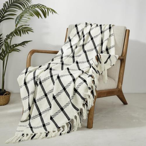 Farmhouse Breathable Soft and Warm Chenille Plaid Throw Blanket for Sofa Couch Bed, Home Decoration Throw with Tassles (Black & White)