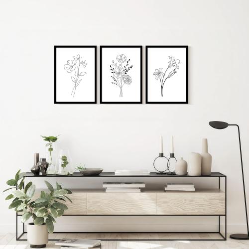Framed canvas black and white floral wall art three-piece set, decorative painting, simple plant poster, line drawing, flower print, painting decoration suitable for living room and bedroom 16x24 inches.