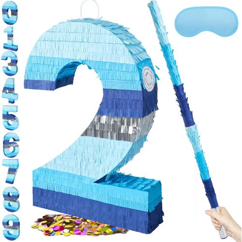PCFING 20 Inch Number 2 Piñata Blue Silver with 30 Inch Piñata Stick Blindfold Confetti for Boys Girls Adults Birthday Party Decorations, Anniversary Celebration, Fiesta