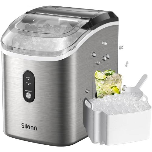 Nugget Countertop Ice Maker - Silonn Chewable Pellet Ice Machine with Self-Cleaning Function, 33lbs/24H, Ice Makers for Home Kitchen Office, Stainless Steel