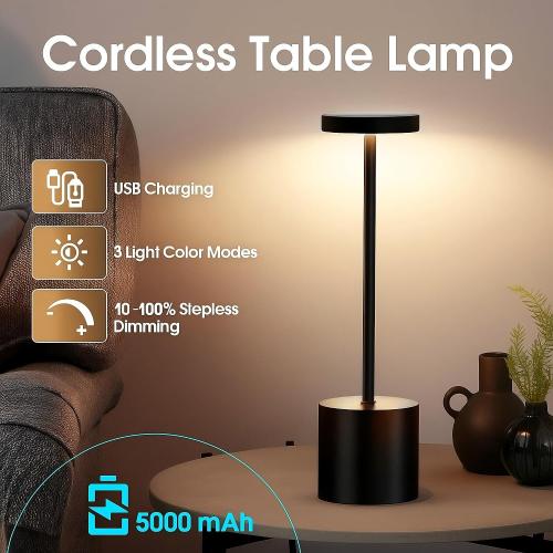 Cordless Table Lamp – 2 Pack Rechargeable Table Lamps, 5000mAh Battery Operated Lamp with 3-Color Dimmable Light, Outdoor Table Lamp for Bedroom, Restaurant, Patio, Home Décor (Black)