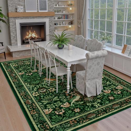 Vintage Washable Area Rugs for Living Room, Soft Green Boho Floral Large Bedroom Rug Non-Slip Botanical Dining Room Rug, Retro Flower Birds Floor Carpet for Kids Room Classroom
