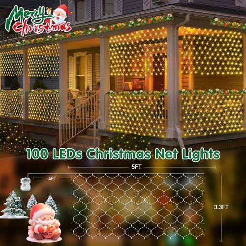 Hezbjiti Battery Operated Christmas Net Lights Outdoor 100 LED 5FT x 3.3FT Waterproof Timed Memory Mesh Lights for Xmas Trees Bushes Garden Yard Lawn Patio Christmas Decor (1 Pack Warm White)