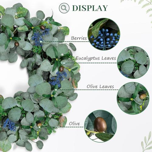 22 Inch Eucalyptus Wreath with Olive Leaves and Berries All Year Round, Handmade Green Spring Summer Wreaths for Front Door Indoor Outdoor Wedding Holiday