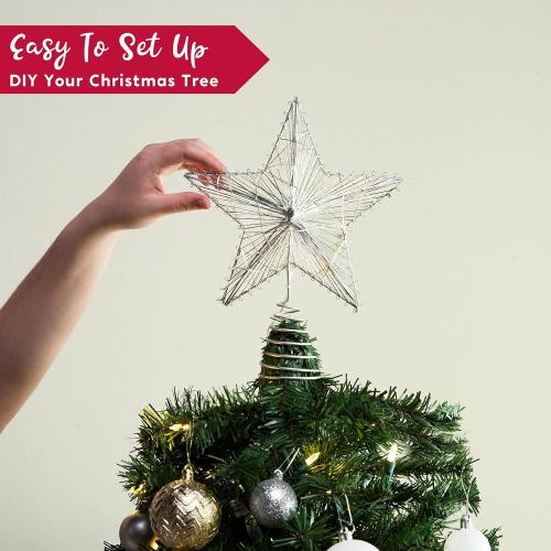 Joiedomi Christmas Star Tree Toppers Silver, 8 Metal Treetop Ornaments Battery Powered with Warm White LED Lights for Xmas Decorations Indoor, Holiday Party Decor