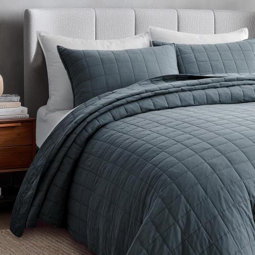 EVERGRACEHOME 100% Cotton Box Stitch Quilt Bedding Set King Size 3 Pieces, Garment-Washed Lightweight Soft Cozy Coverlet, Oversized Quilted Bedspread Sets with 2 Shams for All Season, Midnight Blue