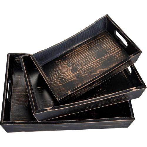 Wooden Serving Trays, Wooden Trays Set of 3 Dark Brown, Wooden Trays with Handles - Wood Serving Tray, Coffee Table Tray - Wooden Trays For Decor, Ottoman Trays - Farmhouse Trays, Wood Tray