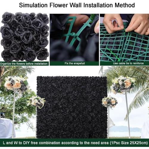 Black Silk Rose Flower Panels Wall, 12 Pcs Artificial Flowers Decoration for Welcome Table, Party, Anniversary, Church Wall, Stage Background, 25x25cm