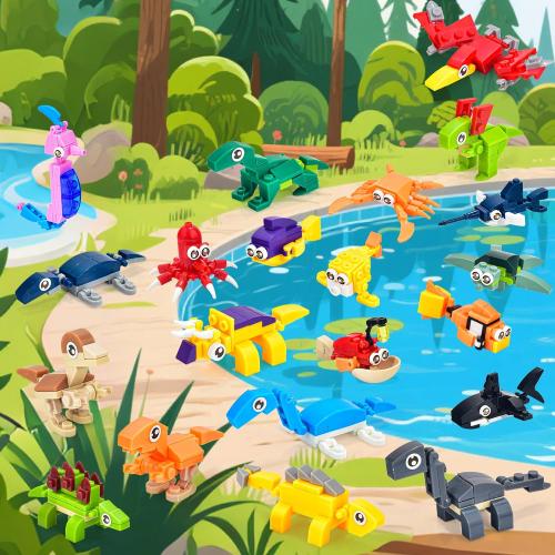 24 Packs Mini Building Blocks Animal Set with Themes of Dinosaur and Sea Creatures