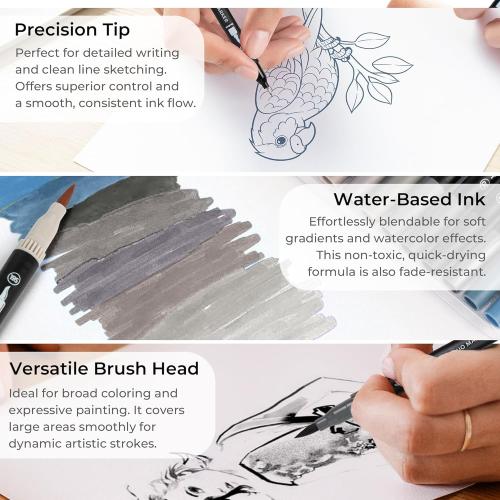 Gray Duo Tip Marker Pens, 12 Pack Fine & Brush Markers for Adult Coloring Books No Bleeding, Neutral Gray Markers for Shading, Urban Sketches, Architectural Drawings and Realistic Textures