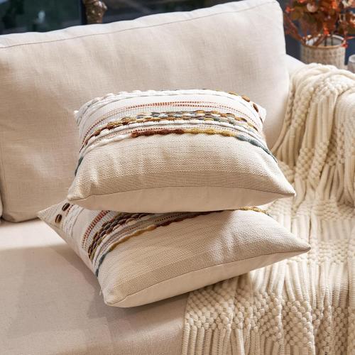 Aeckself Boho Throw Pillow Covers Set of 2, Farmhouse Decorative Striped Square Pillow Covers Chenille Tufted Pillow Cases Accent Neutral Pillowcase for Living Room Couch Bed, Orange White