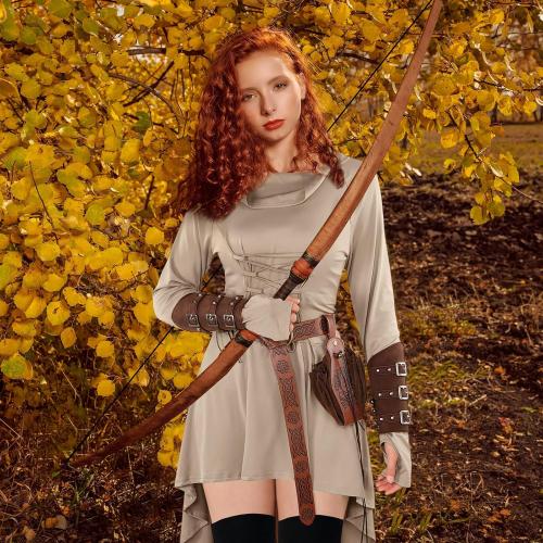 Suhine 5 Pcs Renaissance Women Costume Medieval Hooded Robe Carnival Vintage Faux Leather Arm Pouch Belt for Cosplay Party