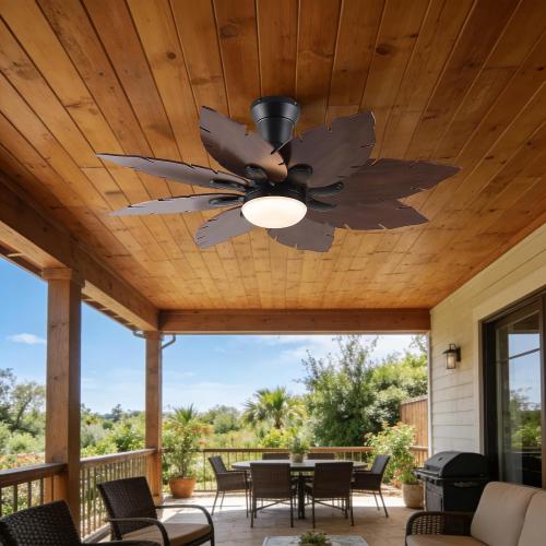 52'' Palm Leaf Ceiling Fans with Lights,Handmade Wooden Dual Fan Blades,Tropical Ceiling Fans with Remote,22W 3 Color LED Light, DC Reversible Motor, Low Profile Ceiling Fan for Patio, Living room