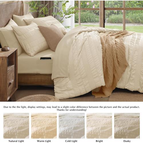 Queen Comforter Set, 7 Pieces Beige Seersucker Bed in a Bag Queen Size Soft All Seasons, Bedding Sets with Comforter, Flat Sheet, Fitted Sheet, 2 Pillow Shams, 2 Pillowcases