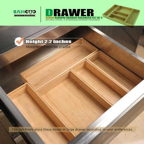 Stack Bamboo Drawer Organizer Set of 5, Kitchen Utensil, Flatware&Silverware Organizer-Wood Laminated Stackable for Kitchen, Bedroom, 13.4''x4.5''*2 10.2''x3.3''*2 10.2''x6.7''*1
