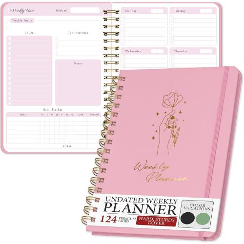 Undated Weekly Planner – Minimalist Daily Planner Notebook for Work, Home & Daily Writing | Simple Matte Planner for Goals, Appointments, Notes & Productivity, Elegant Cardstock Pages, Pink