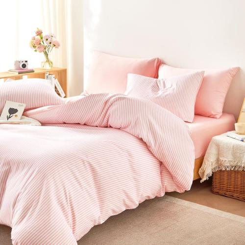 Size 90x90 Color Pink Wake In Cloud - Striped Comforter Set, Ticking Stripe Vertical Pinstripe Neutral Farmhouse Pattern Printed, Soft Lightweight Bedding, 3 Pieces, Pink White,