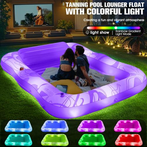 Inflatable Tanning Pool Lounger with Lights,81x 60 Large Tanning Floats for Adults, Swirls Pool Lounger Float,Blow Up Tanning Water Bed with Cup&Phone Holder,Adults Tanning Pools for Backyard