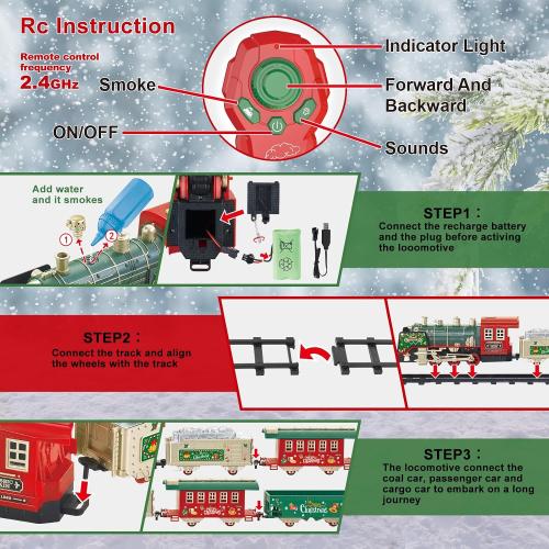 JUQU Electric Train Set for Kids Ages 3-8 – Remote Control Steam Locomotive Toy Train with Smoke, Lights, Sound & Tracks, Christmas Tree Train for Around or Under Tree