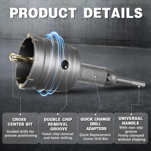 22PCS Concrete Hole Saw Kit, 30/40/50/65/80/100/110mm, Alloy Steel, Silver, Industrial, Hole Saw Set, Compatible with Stone, Brick, Cement, Wall Drilling