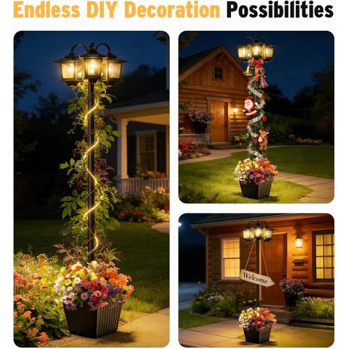 3-Head Solar Lamp Post with Planter, 74 Solar Light Flower Pot Lamp Post, 60Lm Waterproof Solar Light Poles for Outside, Garden, Patio, Yard, Driveway, Replaceable Bulb