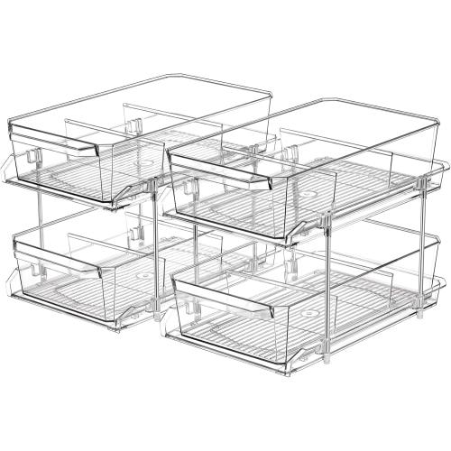 Color Clear Set of 2 Set, 2 Tier Clear Organizer with Dividers for Cabinet, Shlef, Counter - MultiUse Slide-Out Storage Container - Kitchen, Pantry, Medicine Cupboard Bins, Bathroom, Vanity Makeup, Under Sink Organizing