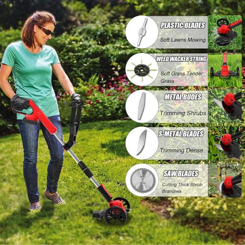 RED AND BLACK Electric Weed Wacker Eater Battery Powered, Cordless Weed Trimmer with 21V Battery Operated & Charger & 5 Types Blades, No-String Brush Cutter/Lawn Edger/Grass Trimmer for Garden Yard